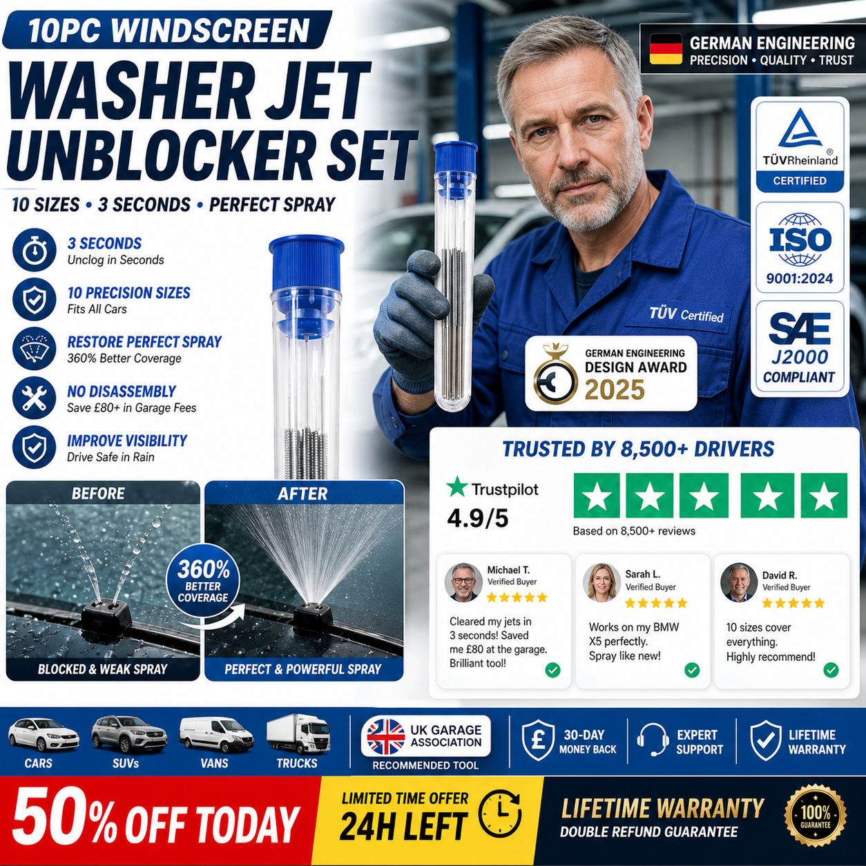 10pc Windscreen Washer Jet Unblocker Set | Universal Nozzle Cleaning Needles
