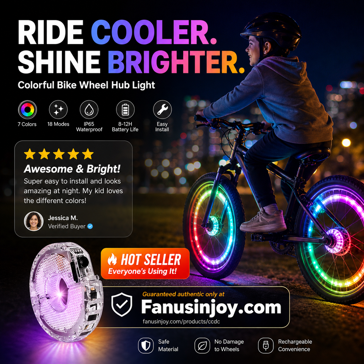 🥳2026 HOT SALE🥳💞50K+ SOLD!🚴✨ 50% OFF! Bike Wheel Hub Light – 7 vibrant colours & 18 dynamic modes. IP65 waterproof, 8‑12hr battery. Quick snap‑fit – light up your night ride! 🌙💡