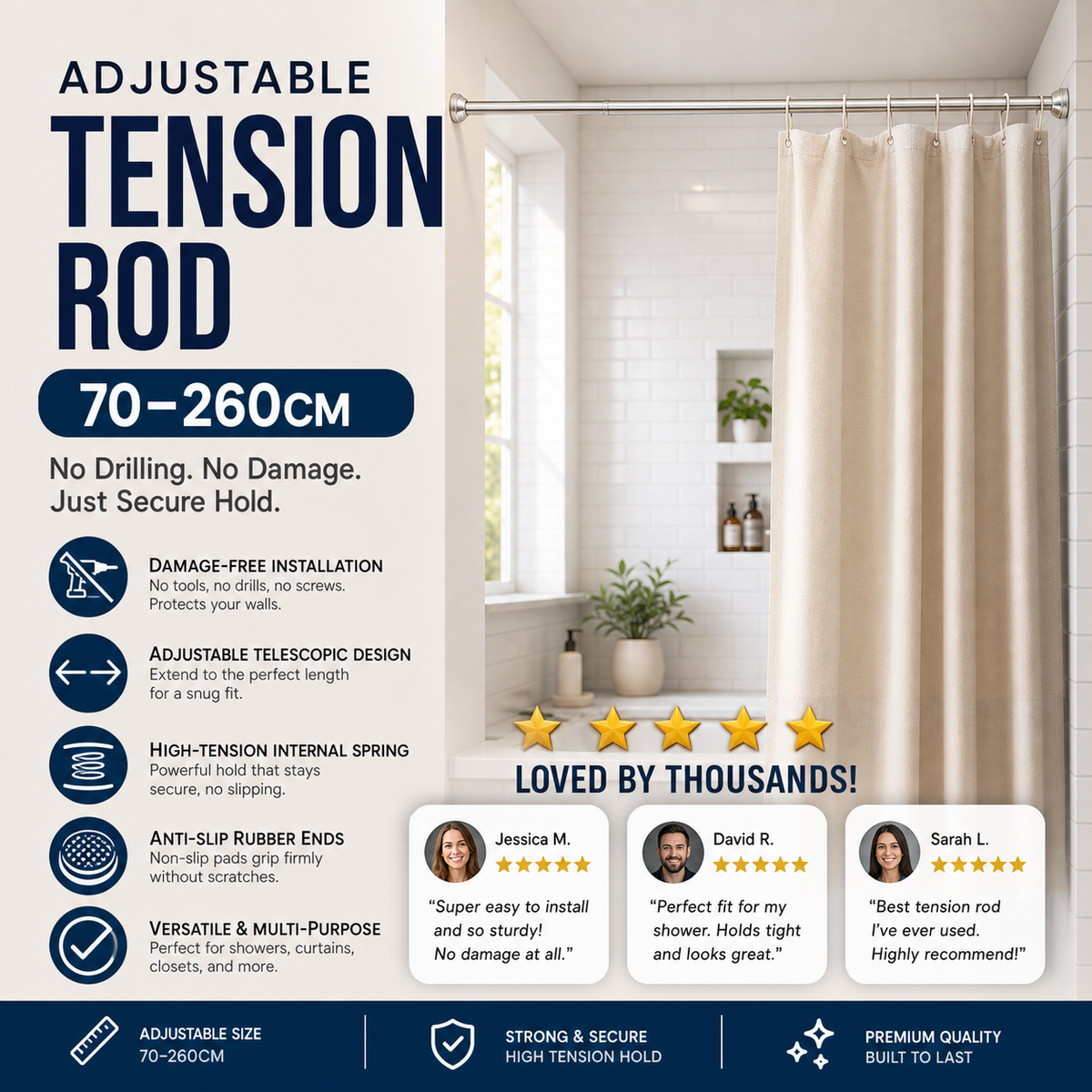 🥳2026 HOT SALE🥳💞50K+ SOLD! 🛁🔧 Adjustable Tension Rod – no drills, no screws, no wall damage! Strong internal spring holds up to 15KG. Fits 70-292cm – perfect for showers, curtains & windows! 🏠✅
