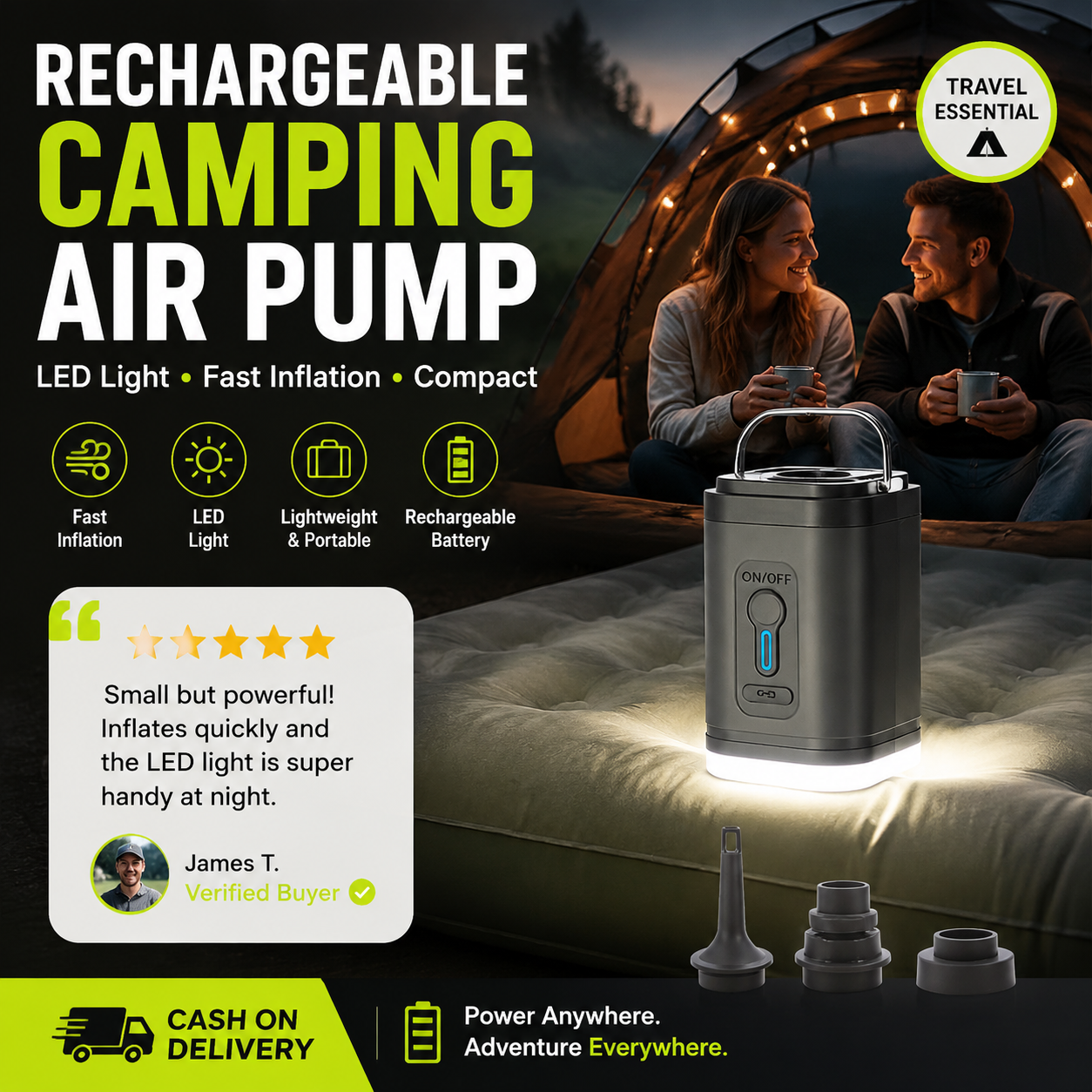 🥳2026 HOT SALE🥳💞50K+ SOLD!🏕️🔋 50% OFF! Rechargeable Camping Air Pump – Fast inflate/deflate, LED light, 5 nozzles. Compact & lightweight. Set up camp in minutes! 💨✨