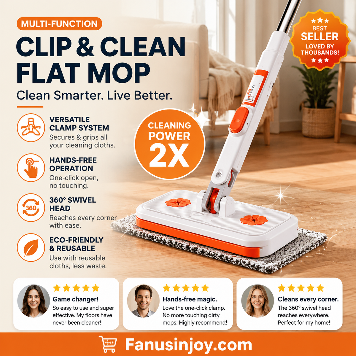 🥳2026 HOT SALE🥳💞50K+ SOLD! 🧹✨ 50% OFF! Multi-Functional Hands-Free Clip Flat Mop – One-key press opens clamps – no touching dirty cloths! Shark-tooth grip holds any wipe or towel firmly. Hygienic & hassle-free! 🧤💪