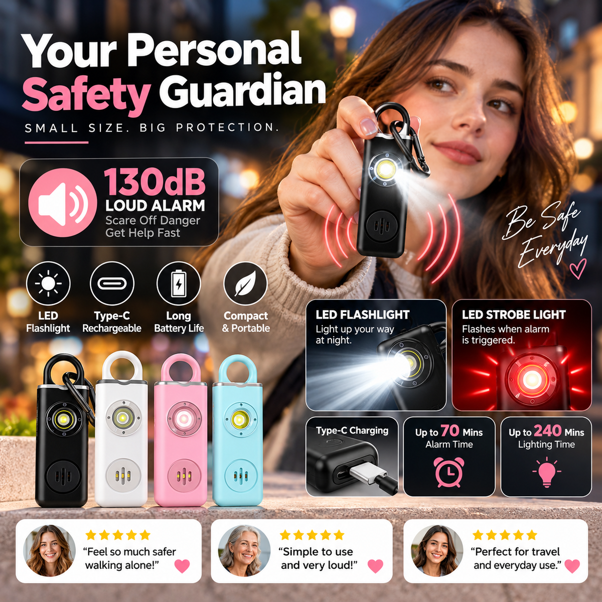 🥳2026 HOT SALE🥳💞50K+ SOLD! 🚨🛡️ 50% OFF! Personal Safety Alarm for Women – 130dB loud SOS, Type-C rechargeable, LED flashlight & strobe. Compact protection for women, elderly & children! 🔋✅