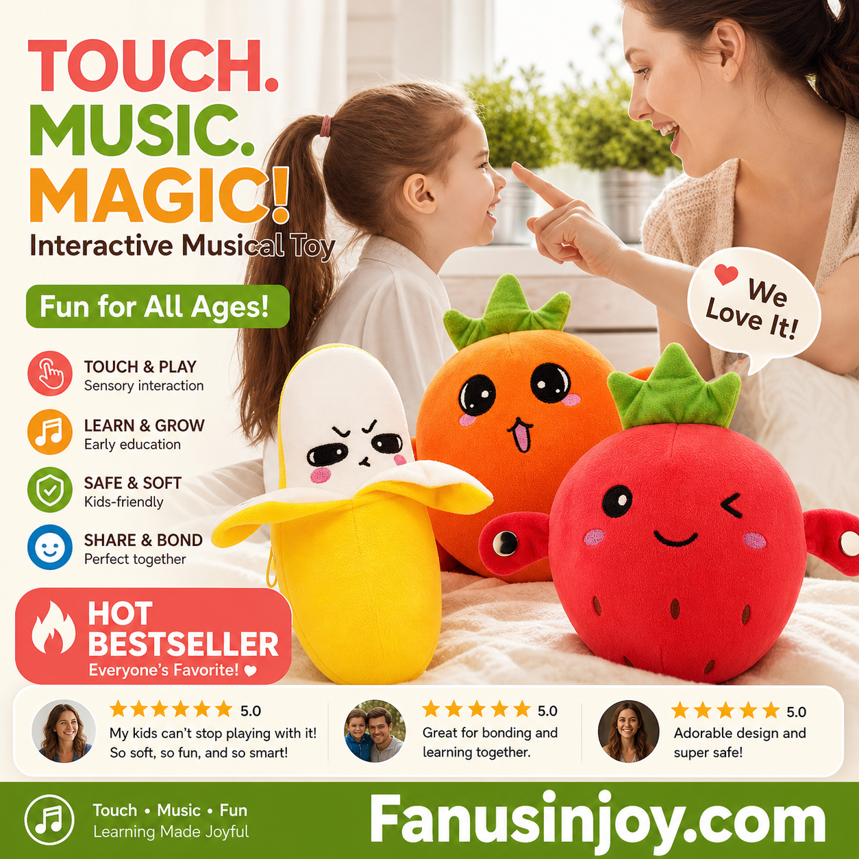 🥳2026 HOT SALE🥳💞50K+ SOLD!🍌🎵 50% OFF! Fruit Sensor Beat Interactive Doll – Tap & play – fun music & rhythms! Smart sensor responds to touch – builds musical perception in a playful way. A joyful gift for little ones! 🧸✨