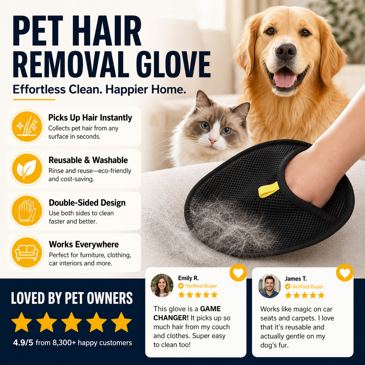 🥳2026 HOT SALE🥳💞50K+ SOLD! 🐾🧤 Pet Hair Remover Gloves – double-sided silicone bristles grab fur from sofas, clothes & carpets in seconds. Massages your pet while collecting loose hair – no more sticky rollers! 🧹✨