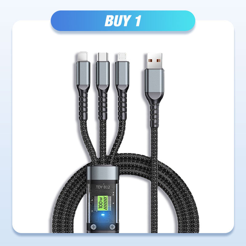 🎅Christmas Pre-sale ✨ Transparent Luminous 3-in-1 Fast Charging Cable - USB-C/Micro-USB with LED Power Indicator & Nylon Braiding 📱💫
