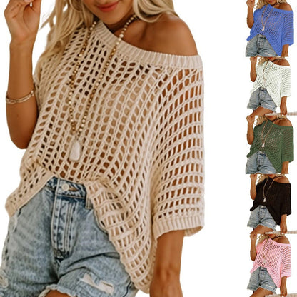 🥳2026 HOT SALE🥳💞50K+ SOLD!💥🌊💨 50% OFF! Short Sleeve Crochet Pullover – Casual hollow‑out knit, ideal beach cover‑up. Breezy & light, easy to layer. Sizes S‑XXL. Your summer essential. 👙✅