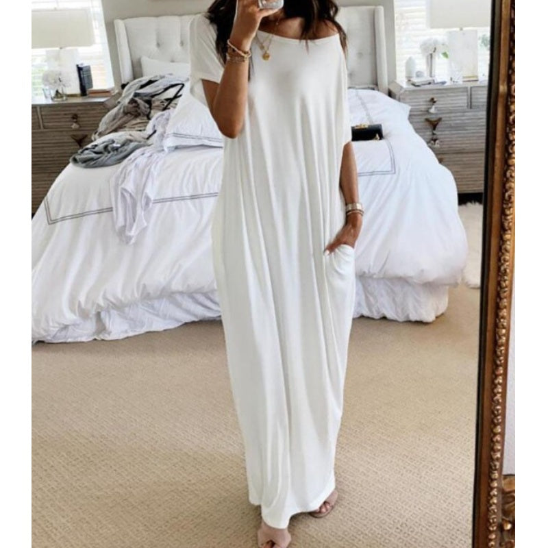 🥳2026 HOT SALE🥳💞50K+ SOLD!🌸💨 50% OFF! Casual Solid Color Short-Sleeve Dress – Wide neckline, can be worn off-shoulder. Loose silhouette keeps you cool. Perfect for beach or city. 👙✅