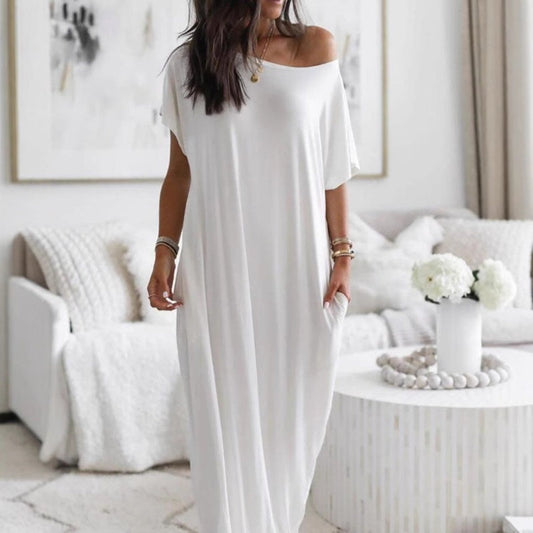 🥳2026 HOT SALE🥳💞50K+ SOLD!🌸💨 50% OFF! Casual Solid Color Short-Sleeve Dress – Wide neckline, can be worn off-shoulder. Loose silhouette keeps you cool. Perfect for beach or city. 👙✅
