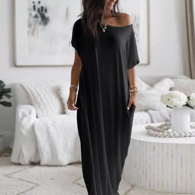 🥳2026 HOT SALE🥳💞50K+ SOLD!🌸💨 50% OFF! Casual Solid Color Short-Sleeve Dress – Wide neckline, can be worn off-shoulder. Loose silhouette keeps you cool. Perfect for beach or city. 👙✅