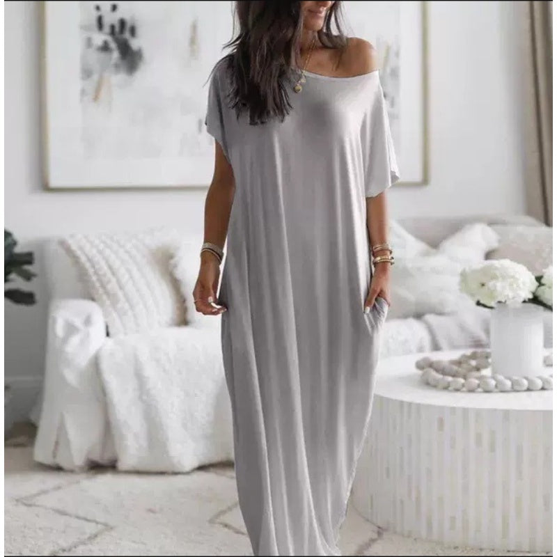 🥳2026 HOT SALE🥳💞50K+ SOLD!🌸💨 50% OFF! Casual Solid Color Short-Sleeve Dress – Wide neckline, can be worn off-shoulder. Loose silhouette keeps you cool. Perfect for beach or city. 👙✅