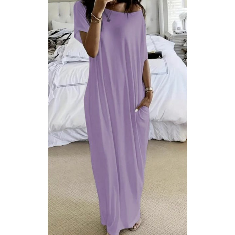 🥳2026 HOT SALE🥳💞50K+ SOLD!🌸💨 50% OFF! Casual Solid Color Short-Sleeve Dress – Wide neckline, can be worn off-shoulder. Loose silhouette keeps you cool. Perfect for beach or city. 👙✅