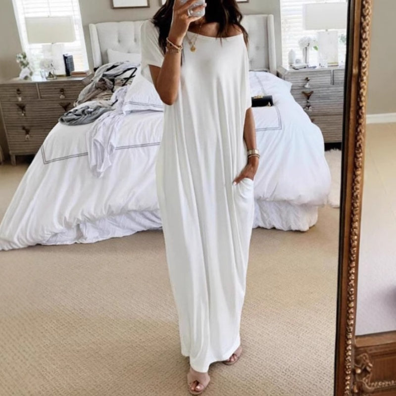 🥳2026 HOT SALE🥳💞50K+ SOLD!🌸💨 50% OFF! Casual Solid Color Short-Sleeve Dress – Wide neckline, can be worn off-shoulder. Loose silhouette keeps you cool. Perfect for beach or city. 👙✅
