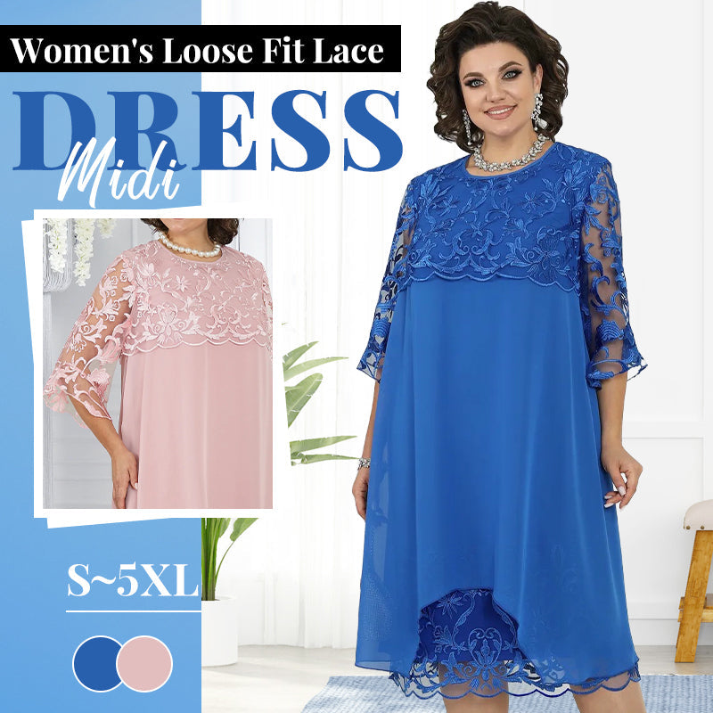 🥳2026 HOT SALE🥳💞50K+ SOLD!👗💨 40% OFF! Sheer Lace Midi Dress – Flattering round neck, soft & wrinkle-resistant. Sheer sleeves add elegance. Pink & blue, sizes up to 5XL. Every curve celebrated. 🎀✅