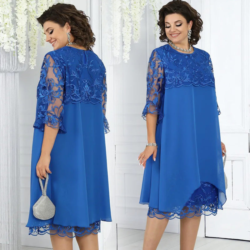 🥳2026 HOT SALE🥳💞50K+ SOLD!👗💨 40% OFF! Sheer Lace Midi Dress – Flattering round neck, soft & wrinkle-resistant. Sheer sleeves add elegance. Pink & blue, sizes up to 5XL. Every curve celebrated. 🎀✅