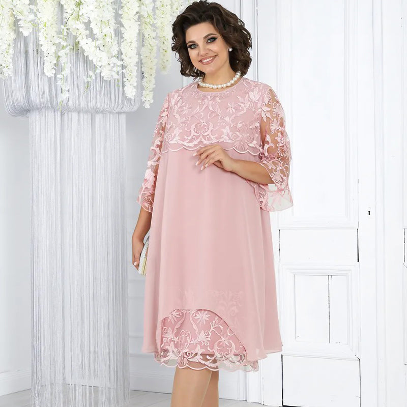 🥳2026 HOT SALE🥳💞50K+ SOLD!👗💨 40% OFF! Sheer Lace Midi Dress – Flattering round neck, soft & wrinkle-resistant. Sheer sleeves add elegance. Pink & blue, sizes up to 5XL. Every curve celebrated. 🎀✅