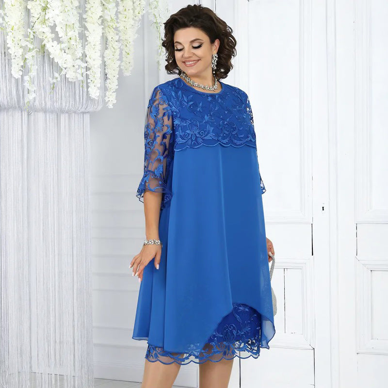 🥳2026 HOT SALE🥳💞50K+ SOLD!👗💨 40% OFF! Sheer Lace Midi Dress – Flattering round neck, soft & wrinkle-resistant. Sheer sleeves add elegance. Pink & blue, sizes up to 5XL. Every curve celebrated. 🎀✅