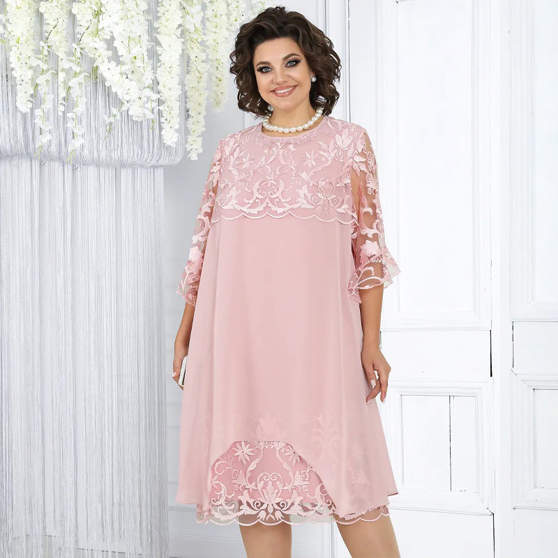 🥳2026 HOT SALE🥳💞50K+ SOLD!👗💨 40% OFF! Sheer Lace Midi Dress – Flattering round neck, soft & wrinkle-resistant. Sheer sleeves add elegance. Pink & blue, sizes up to 5XL. Every curve celebrated. 🎀✅