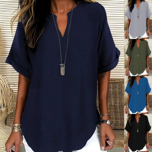 🥳2026 HOT SALE🥳💞50K+ SOLD!👕🌸  50% OFF! Fashion Loose Short Sleeve Top – Flattering V-notch, modern hem. Soft & airy for warm days. Effortless style in 5 colours. 👗🕊️