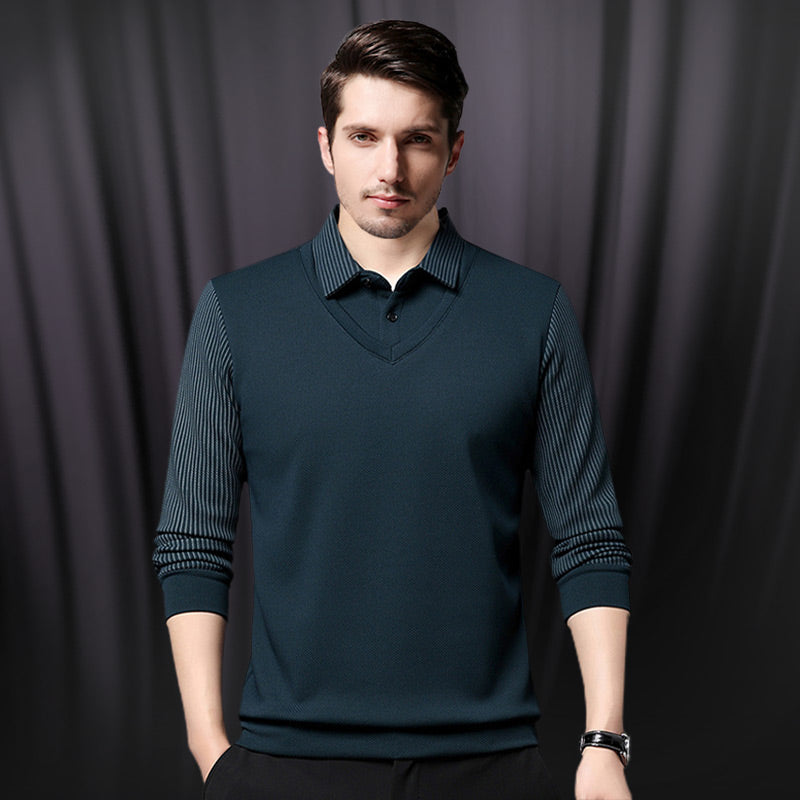 Men's Lapel Faux Two-Piece Knitted Shirt【FREE SHIPPING】