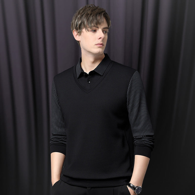Men's Lapel Faux Two-Piece Knitted Shirt【FREE SHIPPING】