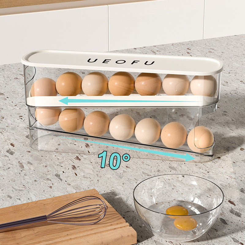 🥳2026 HOT SALE🥳💞50K+ SOLD! 🥚🌀 50% OFF! Double Auto Rolling Egg Organizer – 2‑layer side door storage, eggs automatically roll forward. No more forgotten eggs! 🧊✨