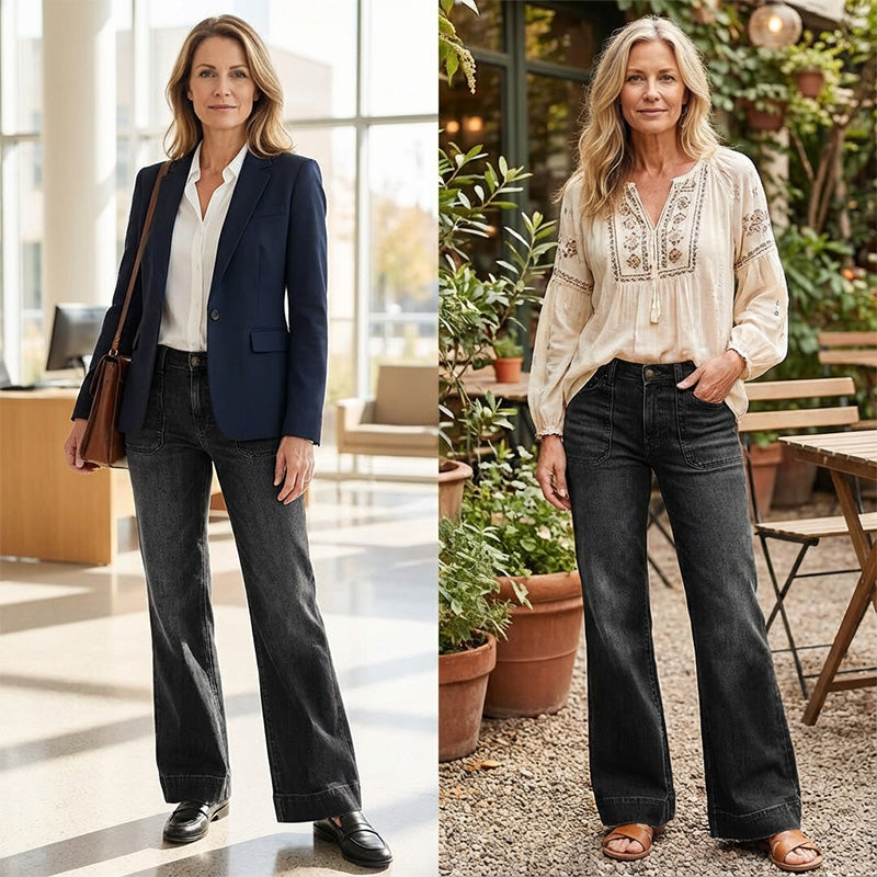 🥳2026 HOT SALE🥳💞50K+ SOLD!👵💥 50% OFF! Women's Retro Flare Jeans – Soft stretch denim, no tight waist! Deep pockets hold phone & specs. Flattering flare, easy pull-on style. Your new everyday favourite. 👖🌸