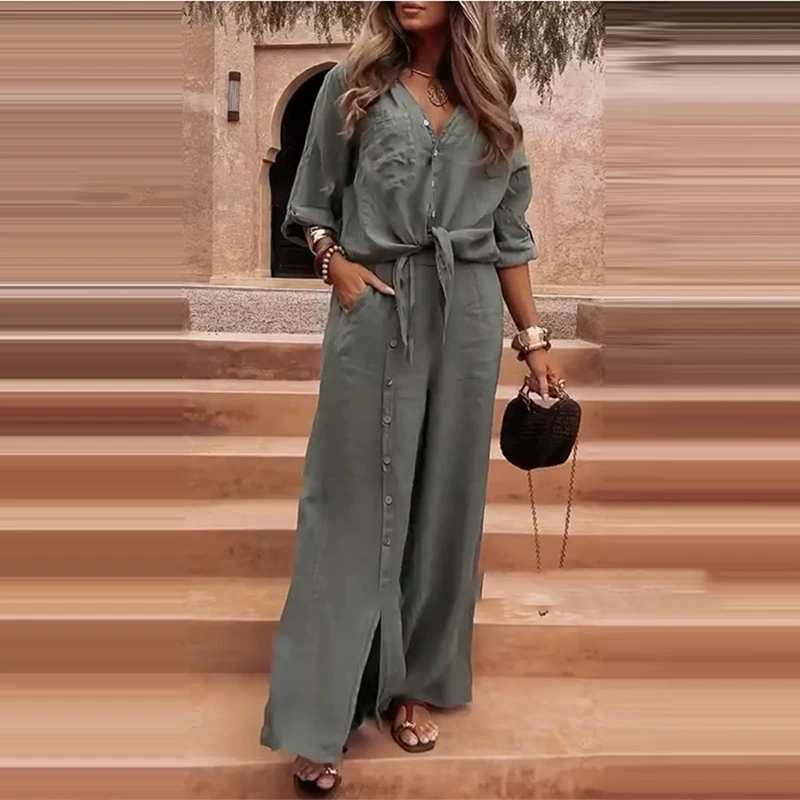 🥳2026 HOT SALE🥳💞50K+ SOLD!👗💕 40% OFF! Women’s Deep V-Neck 2-Piece Set – Elegant cut, relaxed-fit pants. Lightweight & breathable. Brown & green, sizes S-3XL. Effortless style for any occasion. 🌸✨