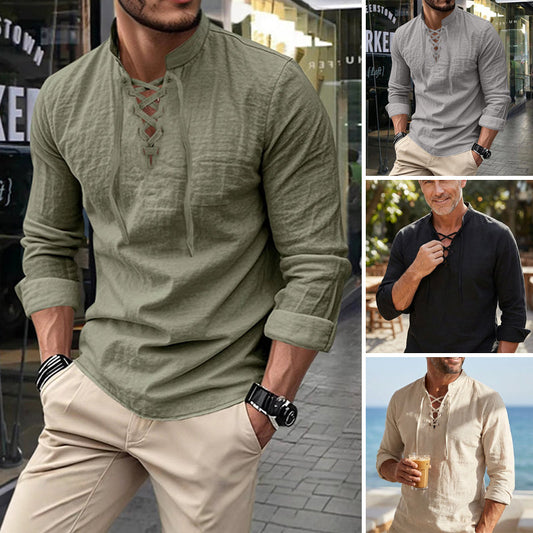🥳2026 HOT SALE🥳💞50K+ SOLD!👔🧥 50% OFF! Men's Casual Lace-Up Shirt – Smart in seconds! No-tie modern collar, soft breathable cotton. Effortless style for coffee dates or Sunday roasts. ☕👴
