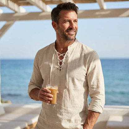 🥳2026 HOT SALE🥳💞50K+ SOLD!👔🧥 50% OFF! Men's Casual Lace-Up Shirt – Smart in seconds! No-tie modern collar, soft breathable cotton. Effortless style for coffee dates or Sunday roasts. ☕👴