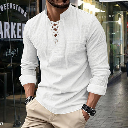 🥳2026 HOT SALE🥳💞50K+ SOLD!👔🧥 50% OFF! Men's Casual Lace-Up Shirt – Smart in seconds! No-tie modern collar, soft breathable cotton. Effortless style for coffee dates or Sunday roasts. ☕👴