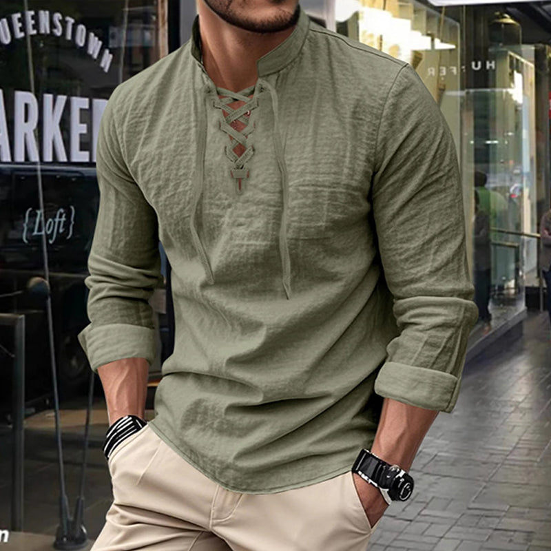 🥳2026 HOT SALE🥳💞50K+ SOLD!👔🧥 50% OFF! Men's Casual Lace-Up Shirt – Smart in seconds! No-tie modern collar, soft breathable cotton. Effortless style for coffee dates or Sunday roasts. ☕👴