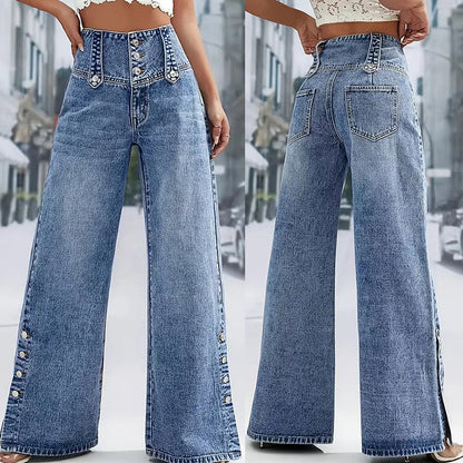 🥳2026 HOT SALE🥳💞50K+ SOLD!👵☀️ 50% OFF! High-Waist Wide-Leg Jeans – Gentle tummy control, easy pull-on style! Side slits let the breeze in, keep you cool. Flattering fit for everyday wear. 🌸👖