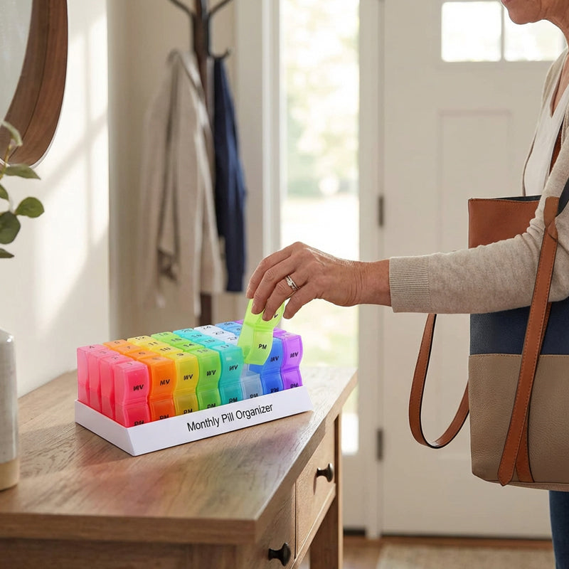 🥳2026 HOT SALE🥳💞50K+ SOLD!🌍✈️ 50% OFF! 4-Week Medication Travel Case – 31-day compartments, easy-open design. Ideal for seniors, vacations & weekly planning. 📅🔒