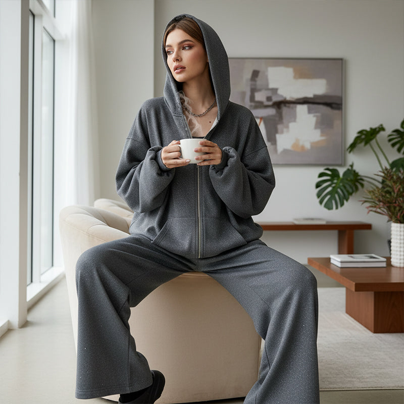 🥳2026 HOT SALE🥳💞50K+ SOLD!👵✨ 50% OFF! Glitter Zip-Up Hoodie Set – Soft wide-leg pants, easy zip-up style. Add a little sparkle to your everyday. Perfect for casual days. 🌸💫