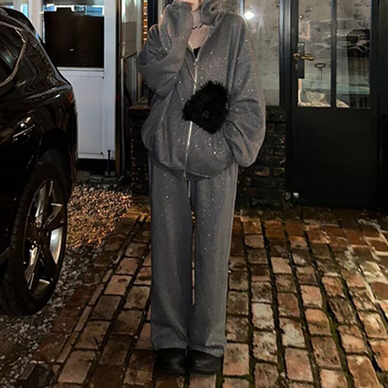 🥳2026 HOT SALE🥳💞50K+ SOLD!👵✨ 50% OFF! Glitter Zip-Up Hoodie Set – Soft wide-leg pants, easy zip-up style. Add a little sparkle to your everyday. Perfect for casual days. 🌸💫