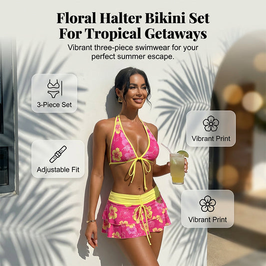 🥳2026 HOT SALE🥳💞50K+ SOLD!💕✨ 50% OFF! 3-Piece Tropical Bikini Set – Ruffled skirt adds flattering coverage. Adjustable halter top for perfect lift. Quick-dry & stretchy. A holiday must-have. 🎁🌊