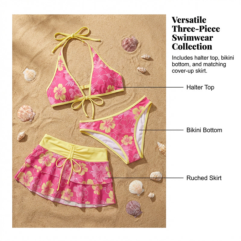 🥳2026 HOT SALE🥳💞50K+ SOLD!💕✨ 50% OFF! 3-Piece Tropical Bikini Set – Ruffled skirt adds flattering coverage. Adjustable halter top for perfect lift. Quick-dry & stretchy. A holiday must-have. 🎁🌊
