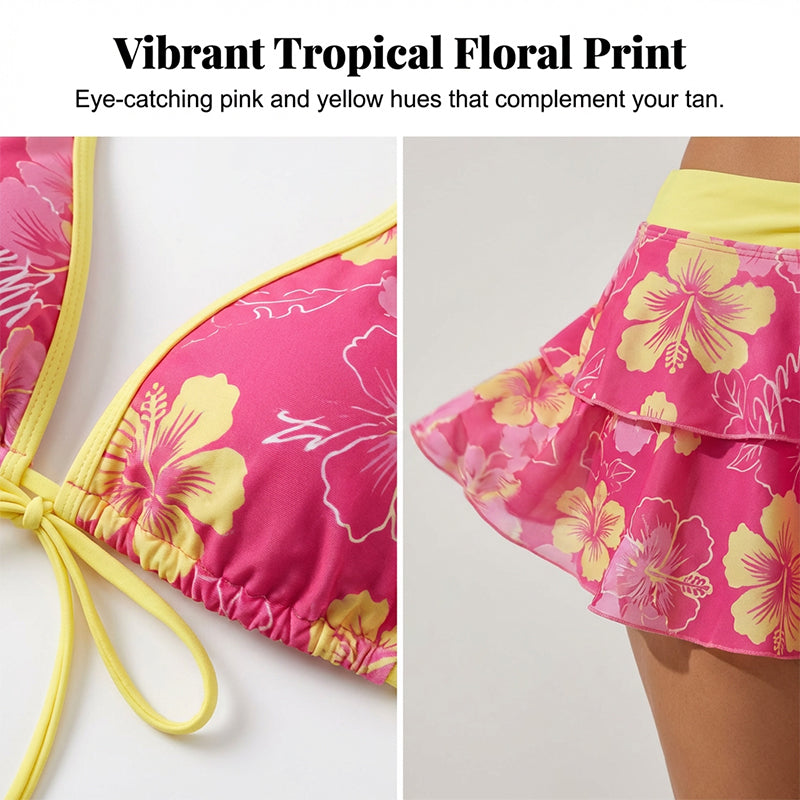 🥳2026 HOT SALE🥳💞50K+ SOLD!💕✨ 50% OFF! 3-Piece Tropical Bikini Set – Ruffled skirt adds flattering coverage. Adjustable halter top for perfect lift. Quick-dry & stretchy. A holiday must-have. 🎁🌊