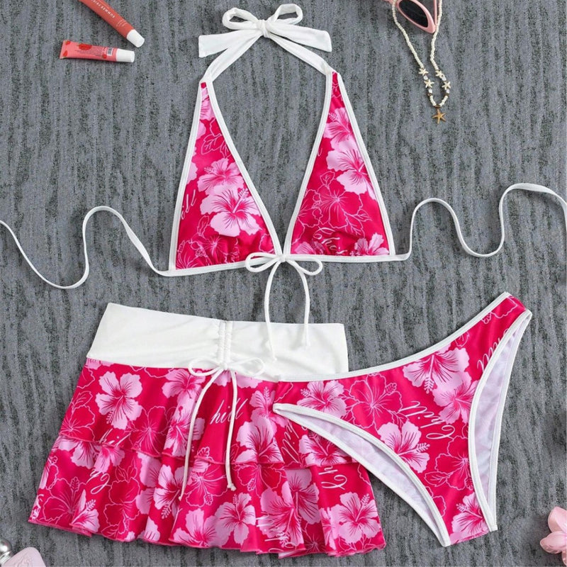🥳2026 HOT SALE🥳💞50K+ SOLD!💕✨ 50% OFF! 3-Piece Tropical Bikini Set – Ruffled skirt adds flattering coverage. Adjustable halter top for perfect lift. Quick-dry & stretchy. A holiday must-have. 🎁🌊