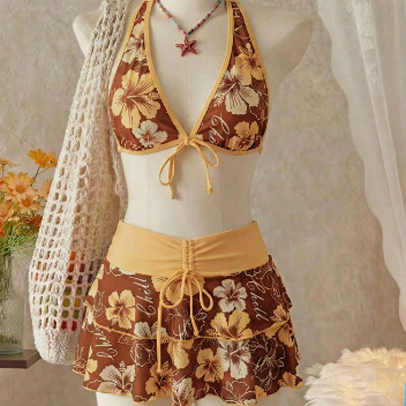 🥳2026 HOT SALE🥳💞50K+ SOLD!💕✨ 50% OFF! 3-Piece Tropical Bikini Set – Ruffled skirt adds flattering coverage. Adjustable halter top for perfect lift. Quick-dry & stretchy. A holiday must-have. 🎁🌊