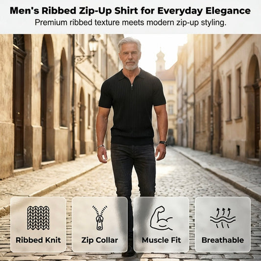 🥳2026 HOT SALE🥳💞50K+ SOLD!👔🔥 50% OFF! Short Sleeve Ribbed Knit Zip-Up Shirt – Muscle fit silhouette, high-stretch fabric. Quarter-zip collar for easy on/off. Soft & breathable. Perfect for casual or office. ✅✨