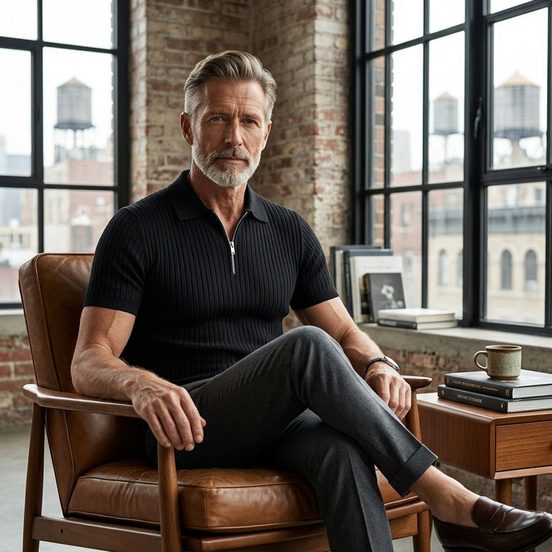 🥳2026 HOT SALE🥳💞50K+ SOLD!👔🔥 50% OFF! Short Sleeve Ribbed Knit Zip-Up Shirt – Muscle fit silhouette, high-stretch fabric. Quarter-zip collar for easy on/off. Soft & breathable. Perfect for casual or office. ✅✨