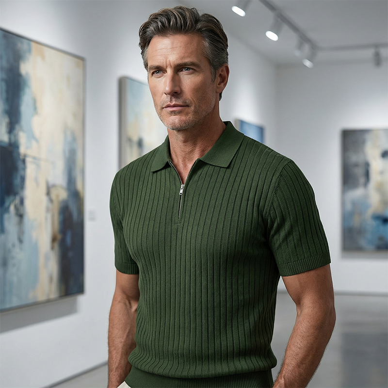 🥳2026 HOT SALE🥳💞50K+ SOLD!👔🔥 50% OFF! Short Sleeve Ribbed Knit Zip-Up Shirt – Muscle fit silhouette, high-stretch fabric. Quarter-zip collar for easy on/off. Soft & breathable. Perfect for casual or office. ✅✨