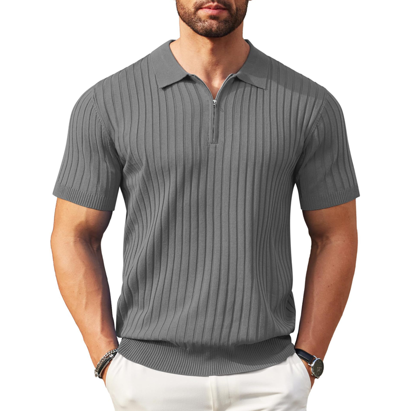 🥳2026 HOT SALE🥳💞50K+ SOLD!👔🔥 50% OFF! Short Sleeve Ribbed Knit Zip-Up Shirt – Muscle fit silhouette, high-stretch fabric. Quarter-zip collar for easy on/off. Soft & breathable. Perfect for casual or office. ✅✨