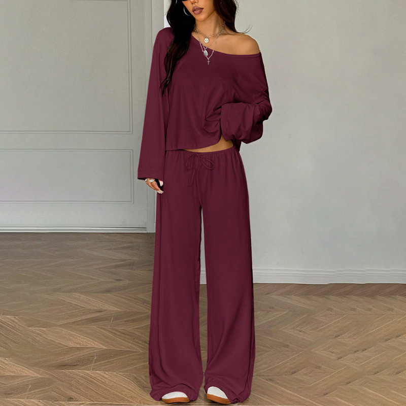 🥳2026 HOT SALE🥳💞50K+ SOLD!💕👖 50% OFF! 2-Piece Off-Shoulder Outfit – Wear together or mix & match. Flowing wide-leg pants, all-day comfort. Perfect for lounging or casual outings. Your new favourite. 🌿✅