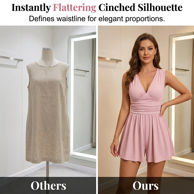 🥳2026 HOT SALE🥳💞50K+ SOLD!👗🌸 50% OFF! V-Neck Ruched Waist Romper – Sleeveless & flattering, pleated waist defines curves. Soft & breathable, perfect for sunny days. Sizes S-2XL. Your effortless summer go‑to. 🦋✨