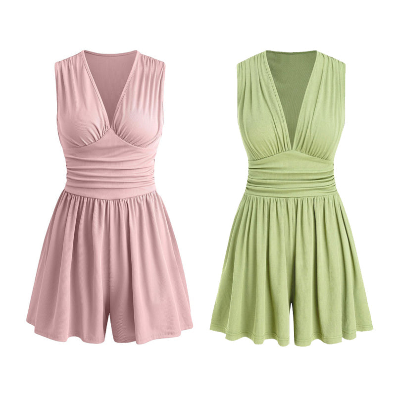 🥳2026 HOT SALE🥳💞50K+ SOLD!👗🌸 50% OFF! V-Neck Ruched Waist Romper – Sleeveless & flattering, pleated waist defines curves. Soft & breathable, perfect for sunny days. Sizes S-2XL. Your effortless summer go‑to. 🦋✨