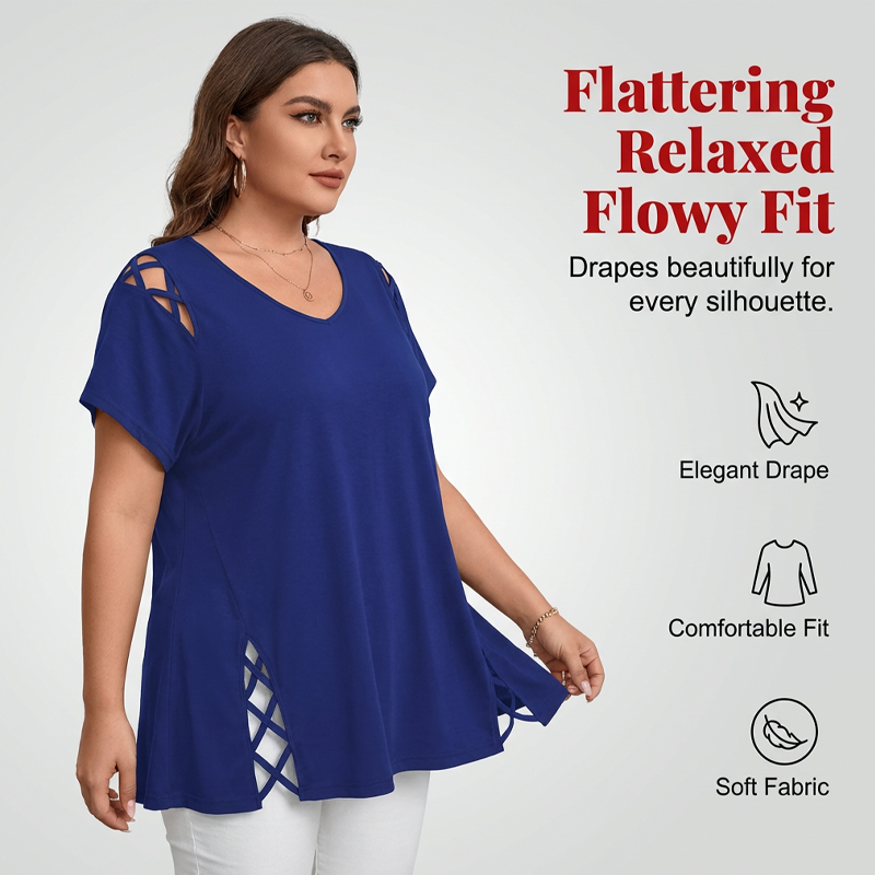 🥳2026 HOT SALE🥳💞50K+ SOLD!💥💕🌿 50% OFF! Women’s Solid Color Tunic – Classic V-neck, unique lattice cutouts. Skin-friendly fabric, great coverage. Black, red, blue & more. Sizes S-2XL. 👚✅