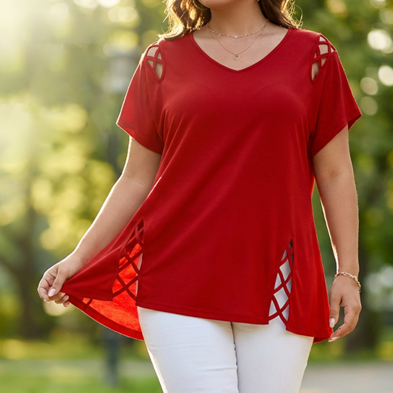 🥳2026 HOT SALE🥳💞50K+ SOLD!💥💕🌿 50% OFF! Women’s Solid Color Tunic – Classic V-neck, unique lattice cutouts. Skin-friendly fabric, great coverage. Black, red, blue & more. Sizes S-2XL. 👚✅