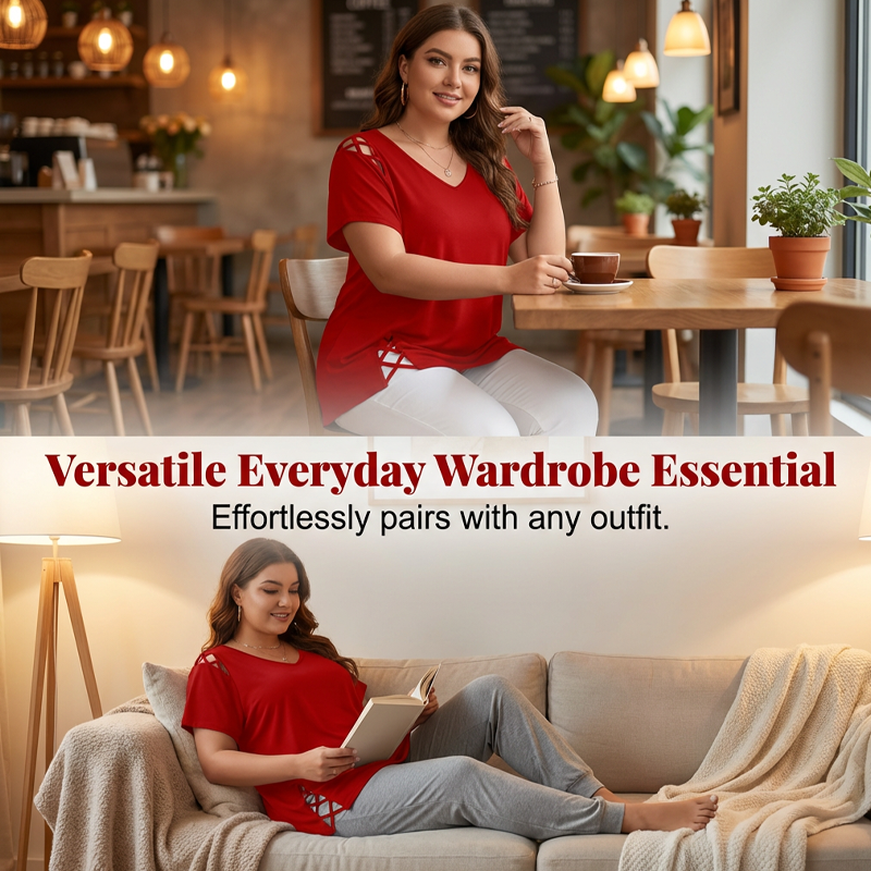 🥳2026 HOT SALE🥳💞50K+ SOLD!💥💕🌿 50% OFF! Women’s Solid Color Tunic – Classic V-neck, unique lattice cutouts. Skin-friendly fabric, great coverage. Black, red, blue & more. Sizes S-2XL. 👚✅